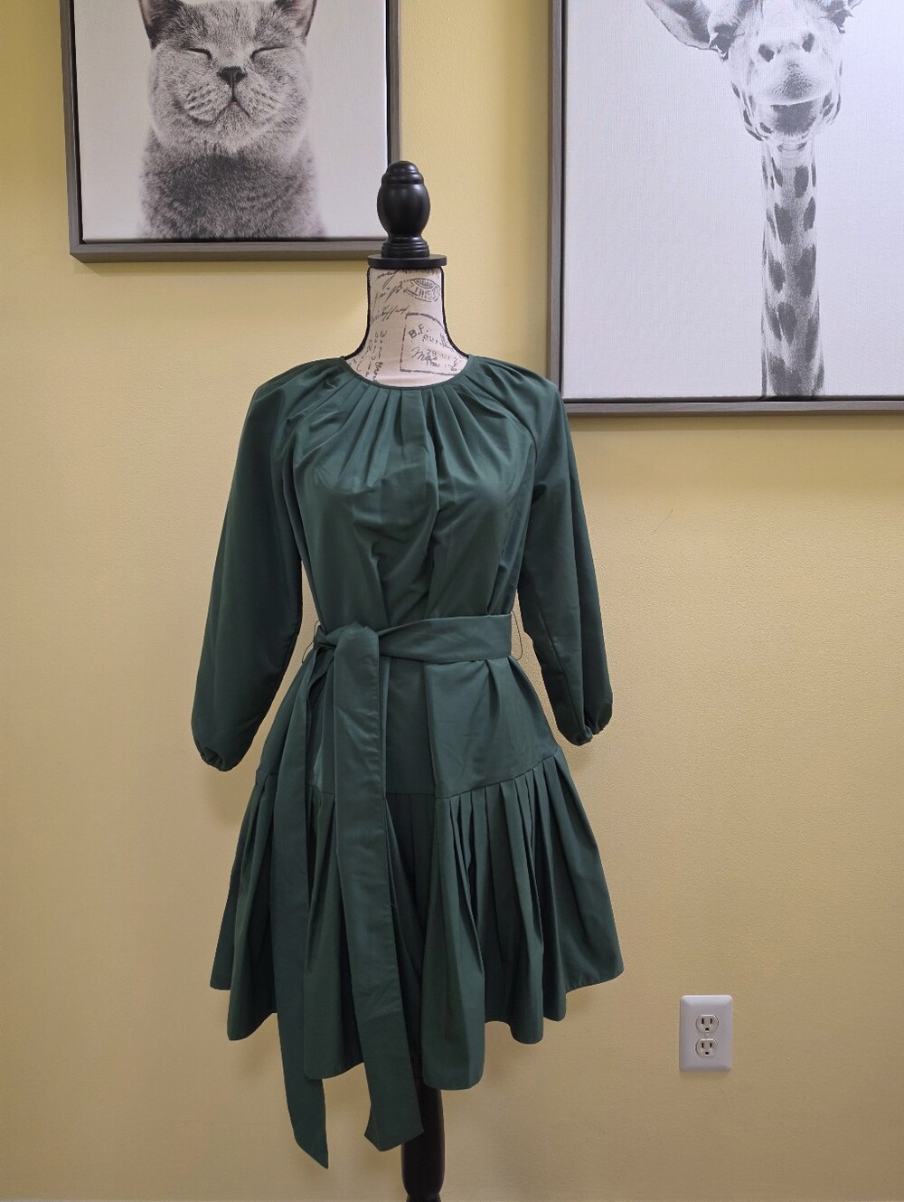 LDT Green Balloon Sleeve Pleated Skirt Mini Dress